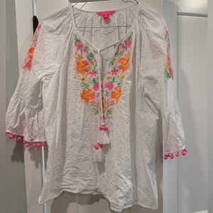 Lilly Pulitzer White Blouse with Pink and Orange Embroidery